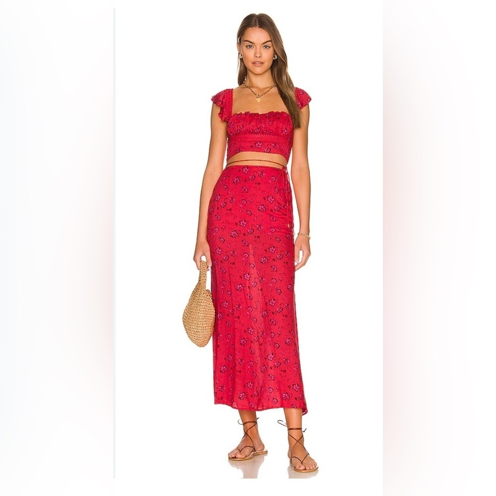 Free People Bijou 2pc Set Size 4 Cherry Red Floral Skirt Crop Top Colorful Fairy
